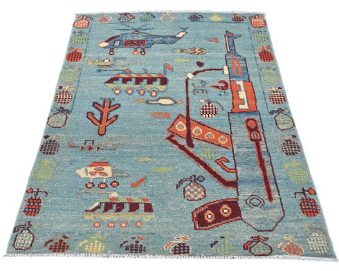 3x4 Blue Kuba Afghan Hand Knotted Wool Area Rug